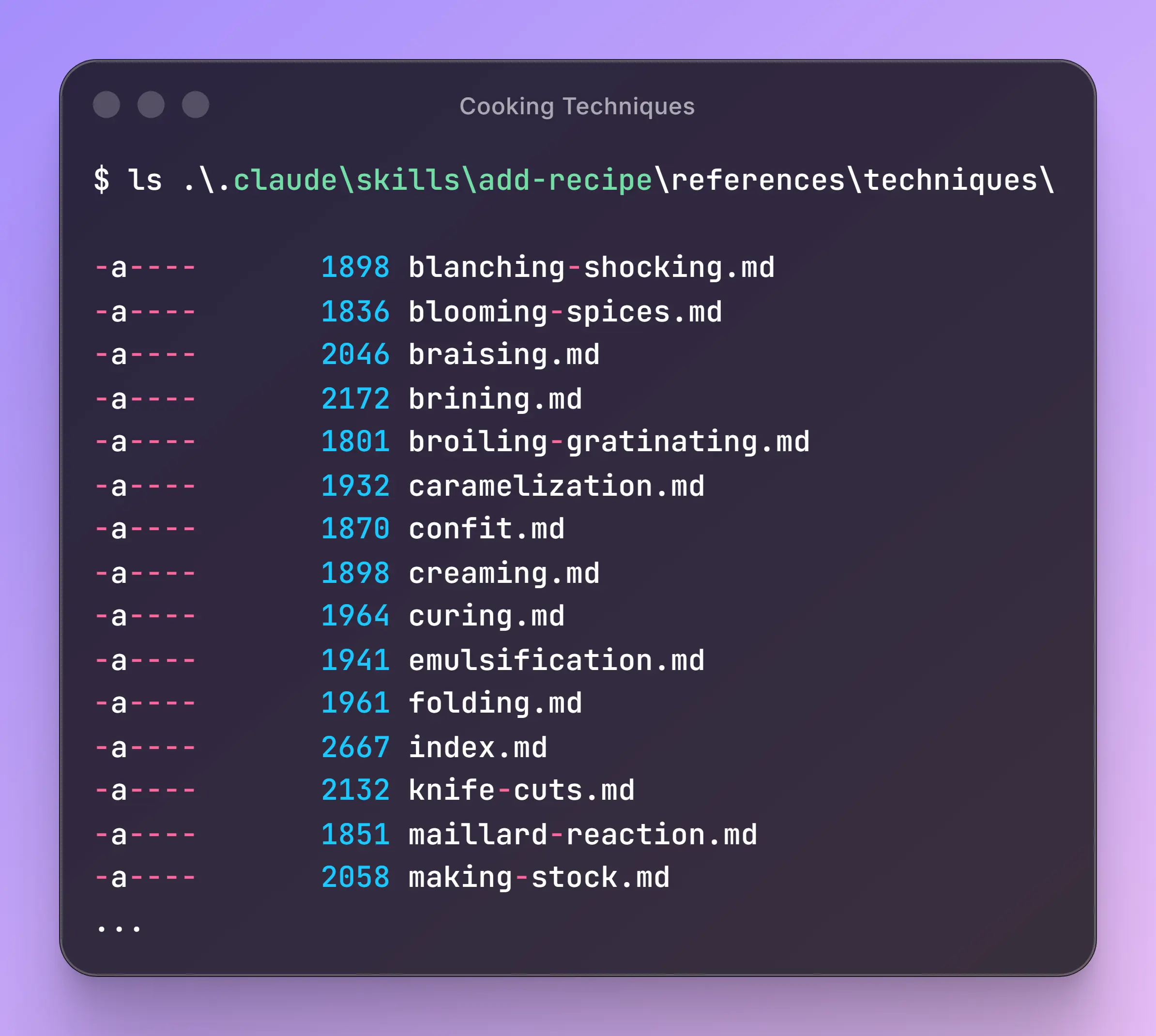 Cooking technique reference files in the skill